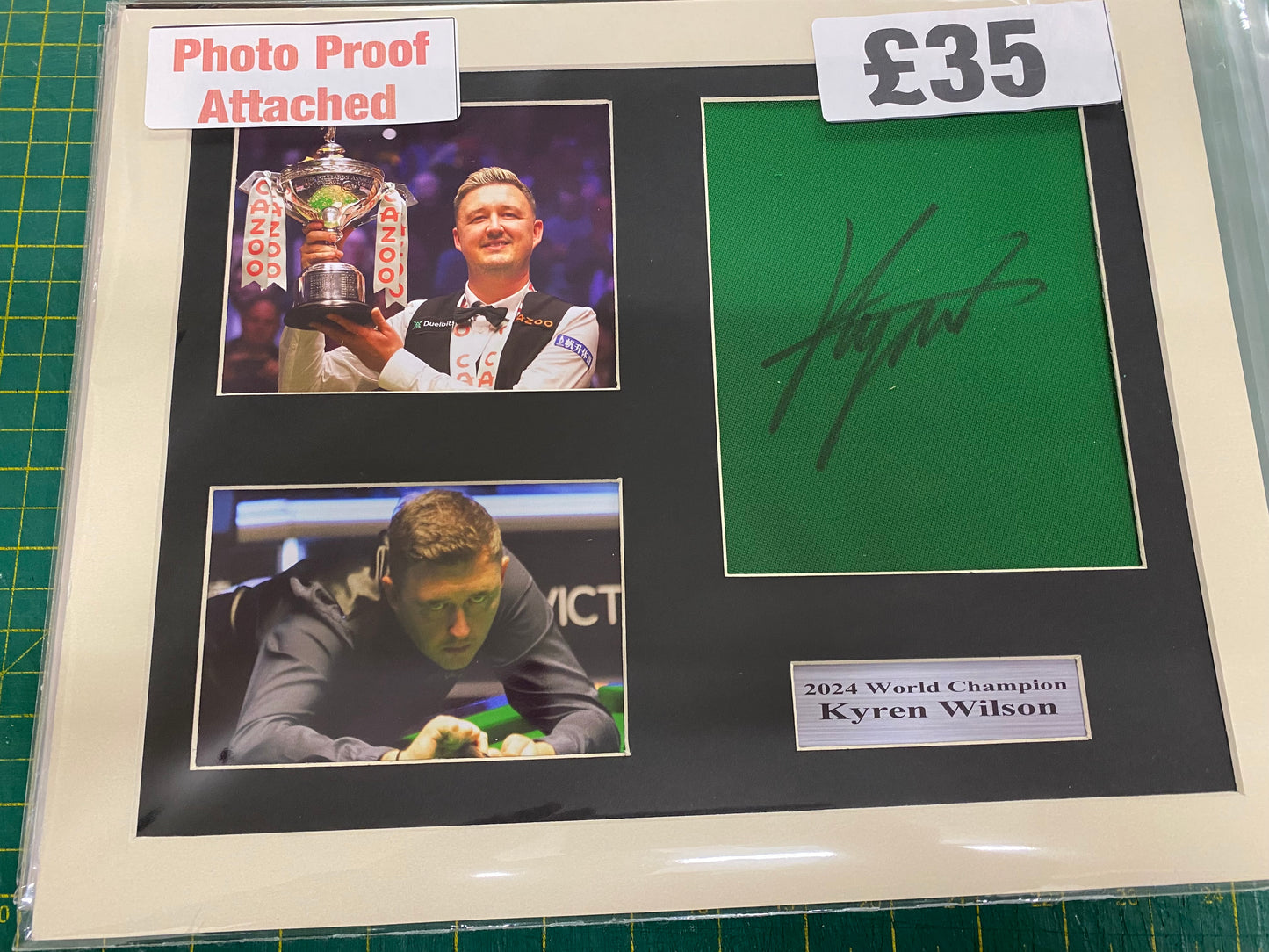 Snooker Kyren Wilson personally signed baize display.