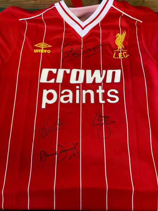 Liverpool iconic home 1980’s shirt personally signed by 4. Phil Thompson, Mark Lawrenson, Sammy Lee and super sub David Fairclough