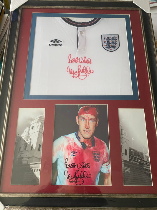 England Terry Butcher replica blood stained shirt personally signed