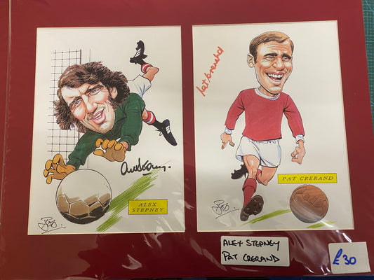 Manchester United Alex Stepney & Pat Crerand personally signed caricatures