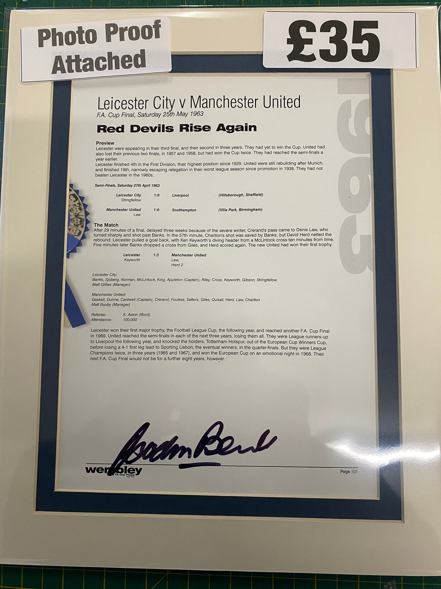 England 1966 World Cup Winner & Leicester City Gordon Banks personally signed