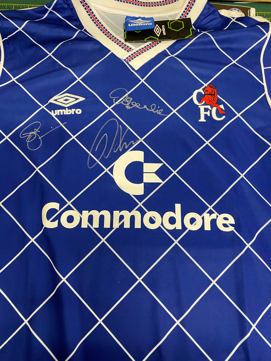 Chelsea Kerry Dixon, Pat Nevin & David Speedie personally signed replica 80’s shirt