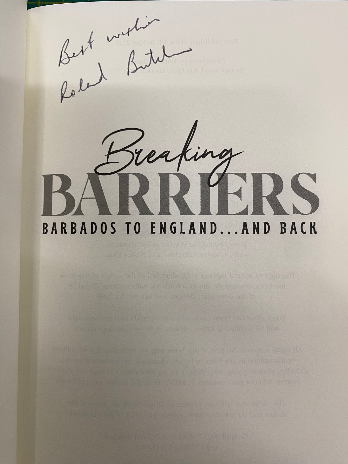 Cricket Roland Butcher personally signed autobiography Breaking Barriers
