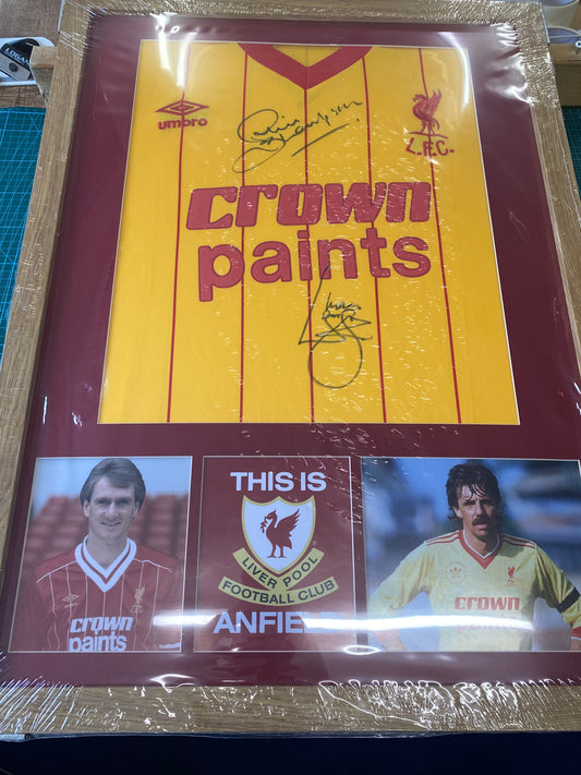 Liverpool 80’s replica shirt personally signed by Liverpool legends Phil Thompson & Mark Lawrenson