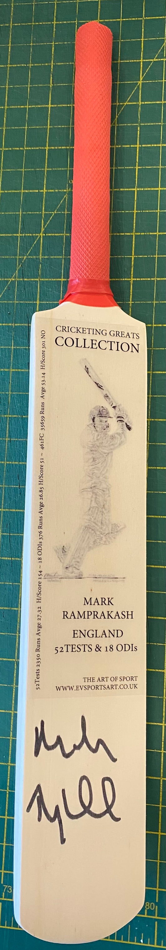 Cricket England Mark Ramprakash personally signed mini cricket statistics bat.