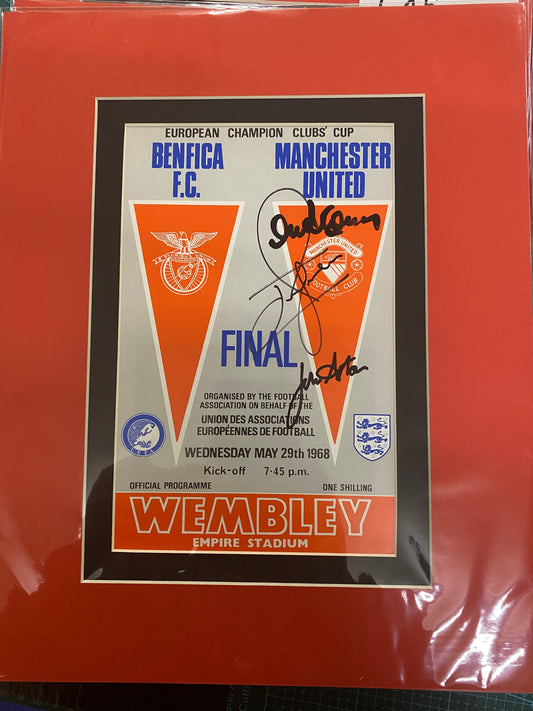 Manchester United replica 1968 European Cup Final programme signed by Alex Stepney, Jimmy Rimmer & John Aston