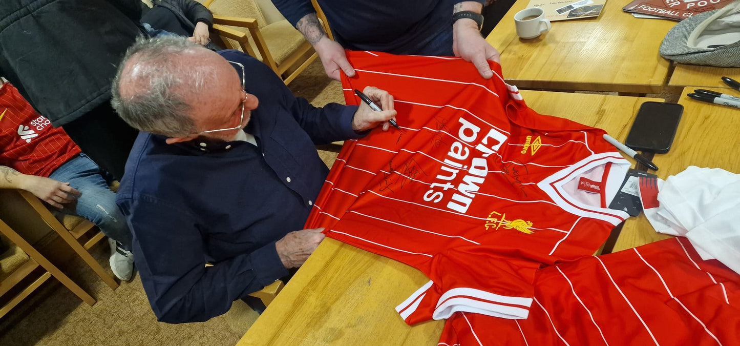 Liverpool iconic home 1980’s shirt personally signed by 4. Phil Thompson, Mark Lawrenson, Sammy Lee and super sub David Fairclough