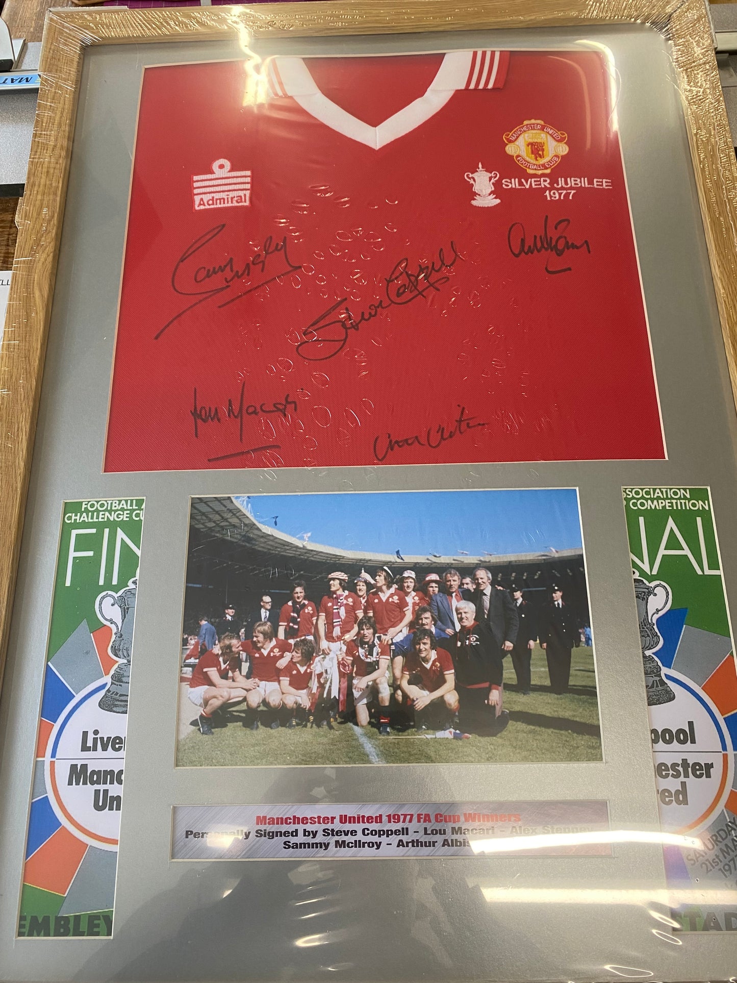 Manchester United 1977 FA Cup Final replica shirt personally signed by 5 legends