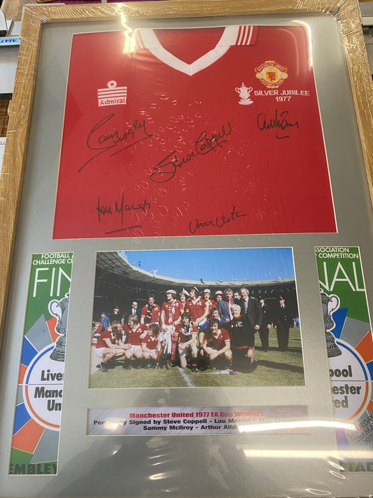 Manchester United 1977 FA Cup Final replica shirt personally signed by 5 legends