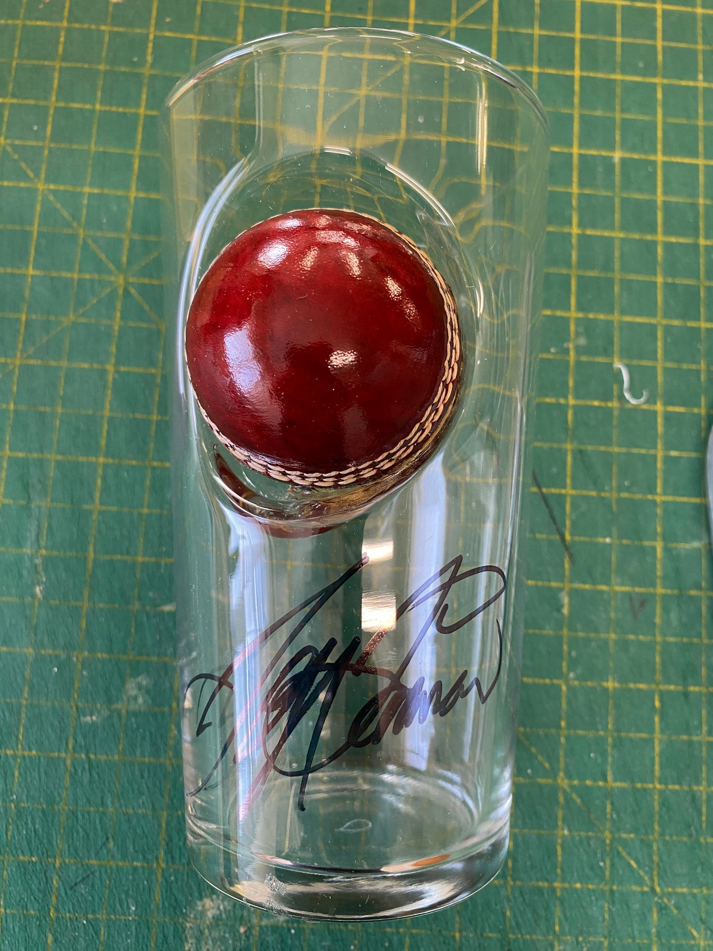 Cricket Australia Jeff Thomson personally signed cricket ball pint glass