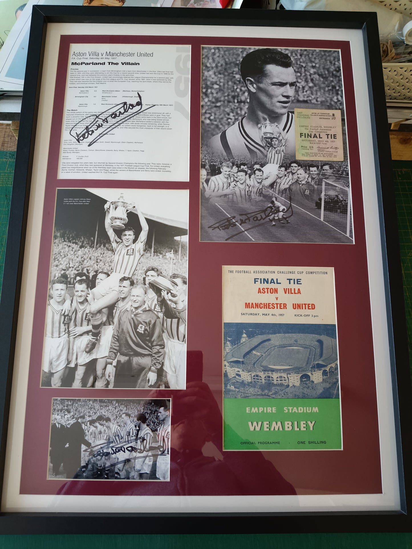 Aston Villa 1957 FA Cup Final arrangement personally signed (3 times) by Peter Mcparland