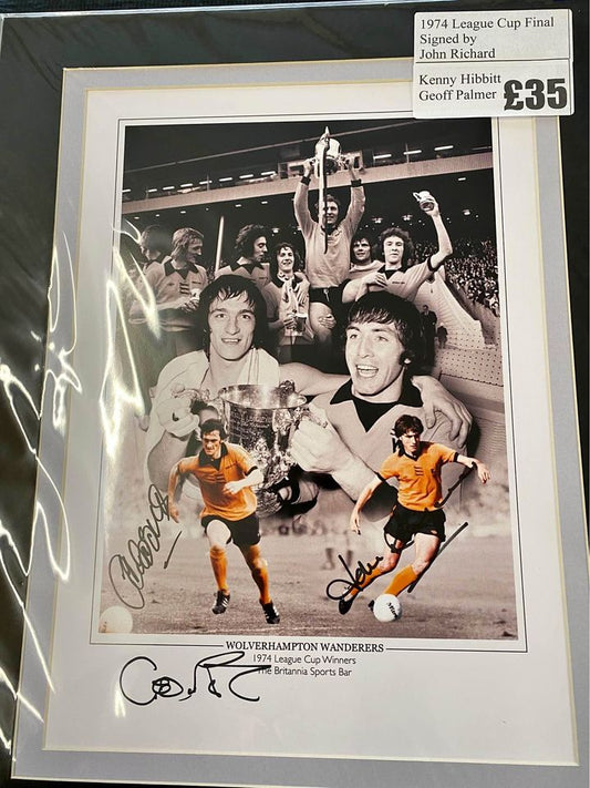 Wolverhampton Wanderers 1974 League Cup Final signed by 3. Richards, Hibbitt & Palmer